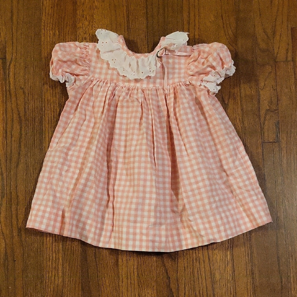 Polly Flinders Vintage Pink Gingham Baby Dress with Lace Collar
